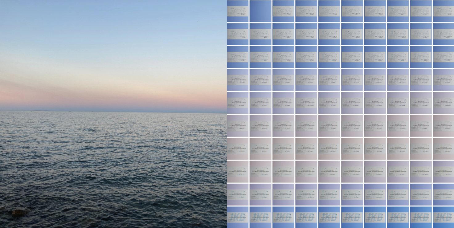 The color of the each IKB wrapper (right) uniquely corresponds to a color on the horizon along the north coast of Prince Edward Island, three hours before civil twilight.